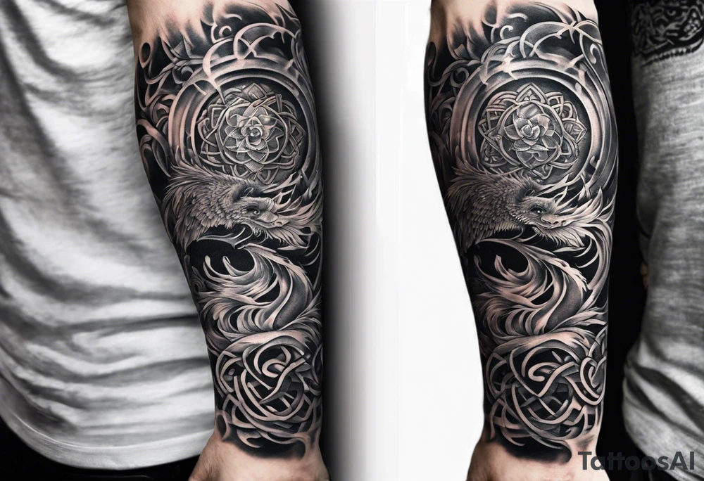 arm sleeve tattoo split into 3 different areas down the arm. the first area being Based on japanese Mythology. The 2nd one being based on Hindu mythology. and the 3rd one being based on celtic mythology tattoo idea