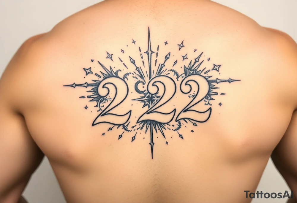 Number 222 surrounded by vibration and stardust tattoo idea