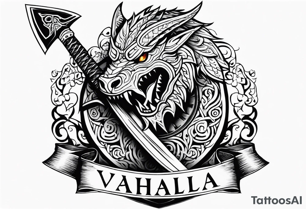 Valhalla sword dragon head axe viking church tattoo idea