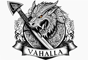 Valhalla sword dragon head axe viking church tattoo idea