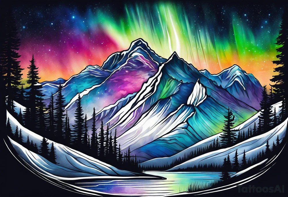 northern lights and mountain square shaped tattoo idea