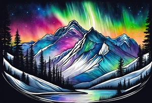 northern lights and mountain  square shaped tattoo idea