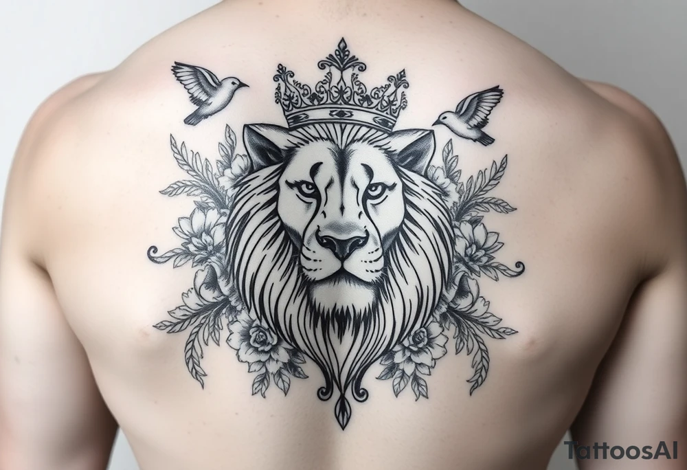 powerful majestic lion with a crown, surrounded by floral ornaments and birds tattoo idea