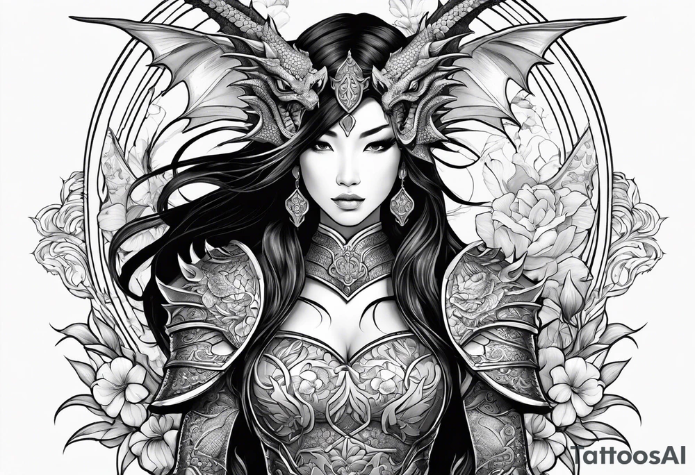 beautiful warrior woman wearing dragon armor and a floral background and a dragon a full picture tattoo idea