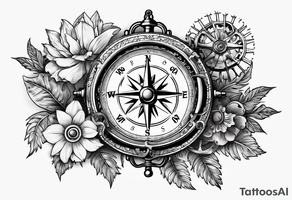 A Vintage compass with gears and marigold flower behind it. tattoo idea