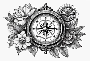 A Vintage compass with gears and marigold flower behind it. tattoo idea