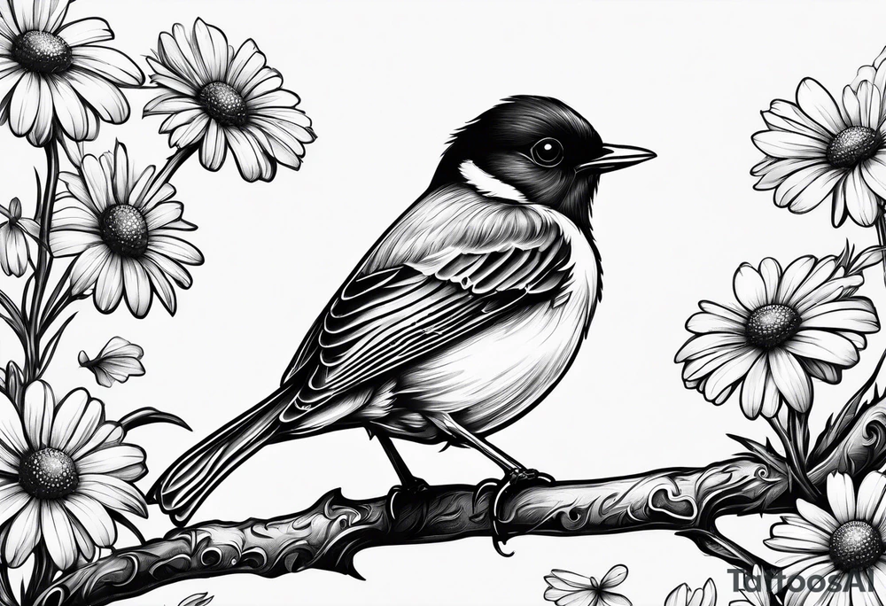 Black and white little bird, sitting on a branch holding a daisy tattoo idea