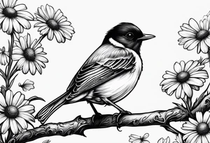 Black and white little bird, sitting on a branch holding a daisy tattoo idea