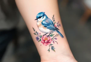 Puffy bluebird surrounded by wild flowers tattoo idea