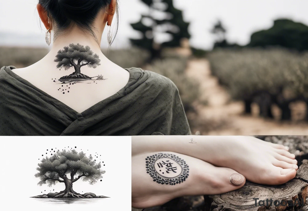 And olive tree with exposed roots, writing out “patience” in Korean, next to a tree stump with exposed rings, and a small Poppy flower growing out of the ground tattoo idea