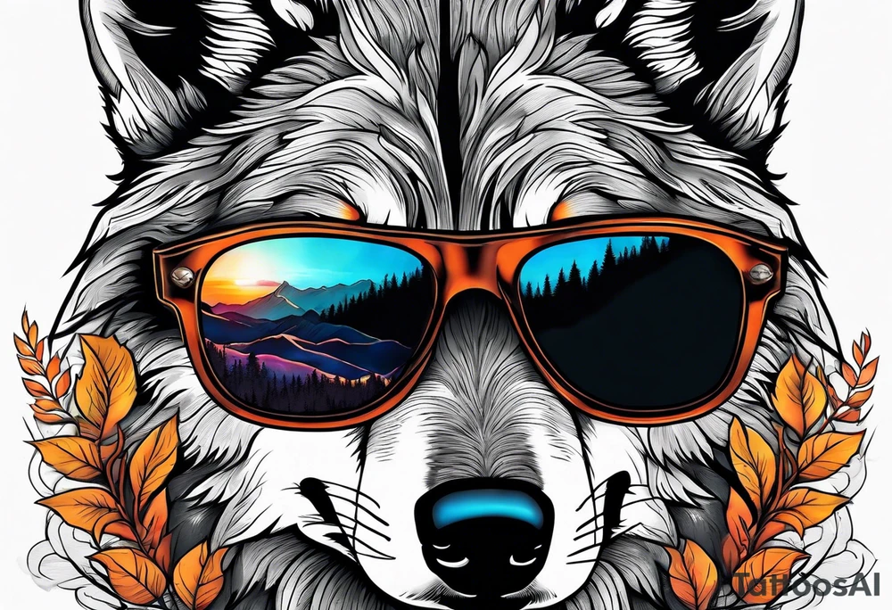 Badass wolf wearing sunglasses
Dark woods
Mountains
Sunset tattoo idea