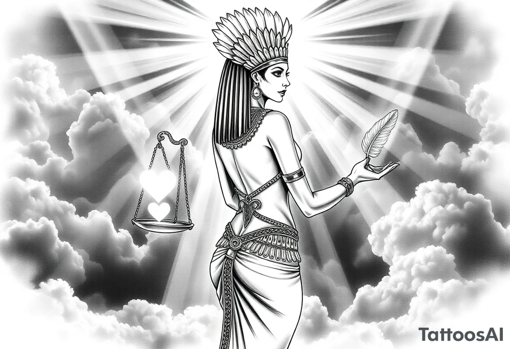 A sensual, curvaceous Egyptian goddess stands with her back slightly turned, accentuating her figure. She wears an elaborate ostrich feather headdress and ornate, intricate ancient Egyptian jewelry draped across her body. Her expression is mysterious and confident. In one hand, she holds the Scales of Justice: one side holds a radiant, glowing heart; the other, Ma’at’s feather. The scales themselves shimmer with an otherworldly light.
The background is a surreal, heavenly landscape filled with luminous clouds and beams of divine light piercing through, creating dramatic contrasts of deep shadows and highlights. The entire scene is bathed in an ethereal, mystical glow, with a dreamlike, almost supernatural atmosphere. tattoo idea