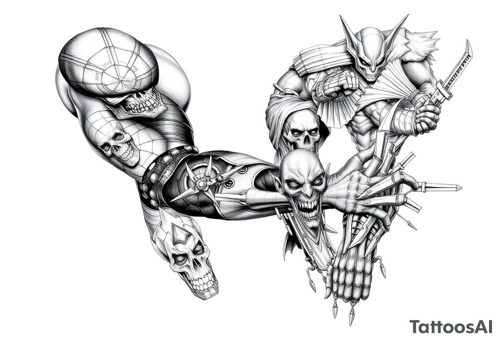 Comic related full sleeve of hero’s and a full sleeve of comic villians tattoo idea
