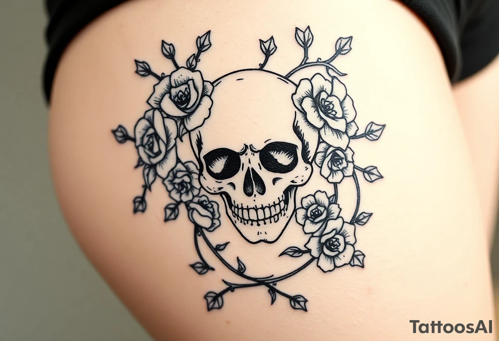 gothic skull intertwined with climbing roses and thorny vines tattoo idea