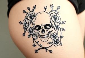 gothic skull intertwined with climbing roses and thorny vines tattoo idea