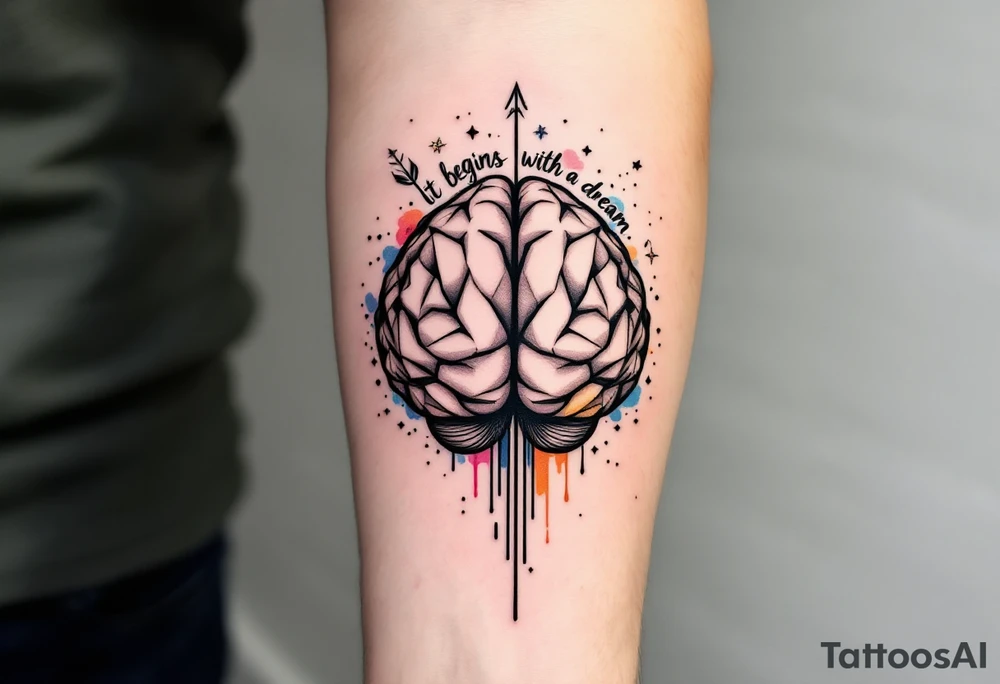 A front-seen brain in geometric and straight lines, with few watercolor details but mostly black, symbols representing intelligence, creativity and dreaming flying arround, the phrase "It begins with a dream" and an arrow crossing from above with watercolors leaking from it tattoo idea