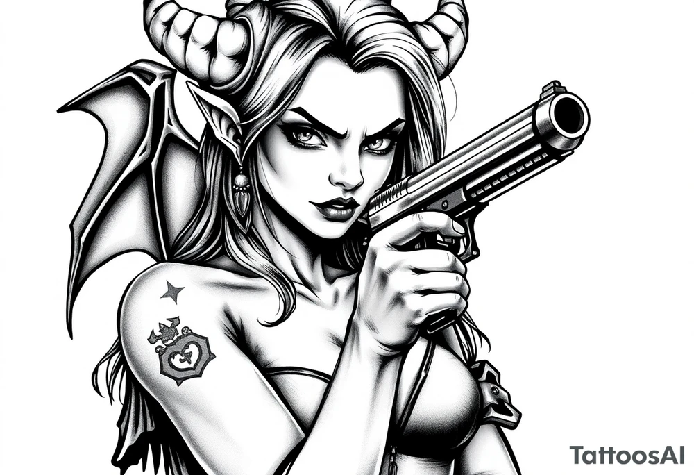 demon girl holding gun tattoo idea