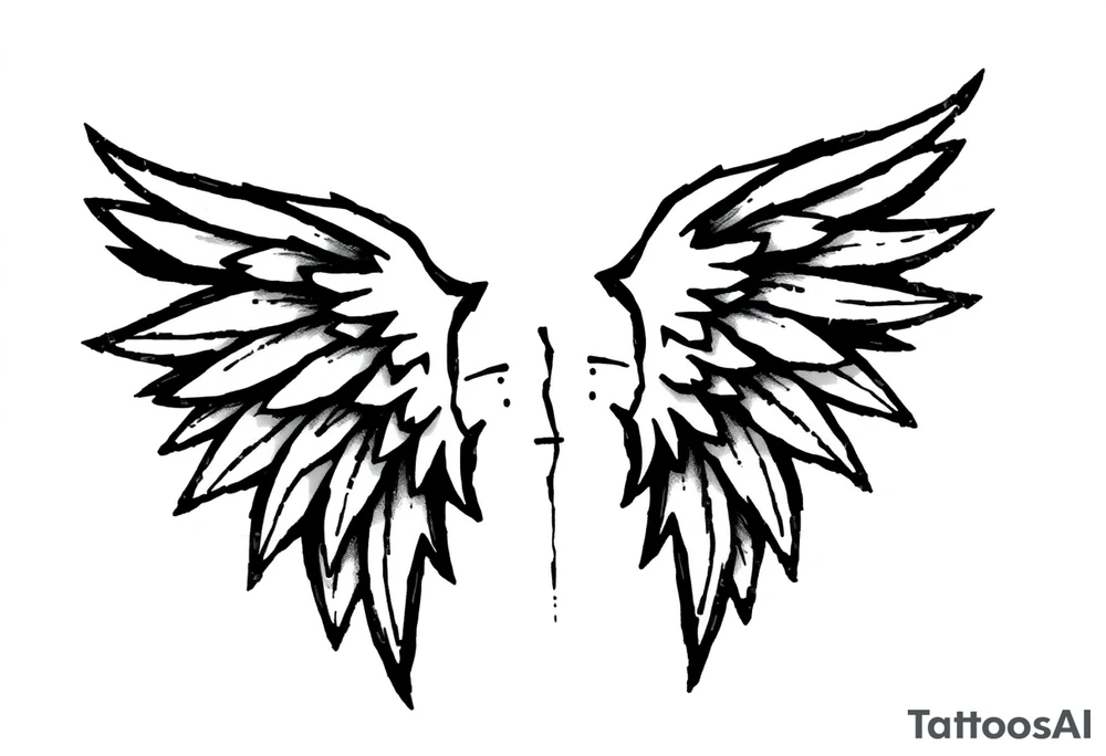 This tattoo design features a pair of stylized wings drawn in black ink with a sketch-like, abstract aesthetic. The wings are composed of sharp, angular feathers with jagged edges, giving them a rough, almost tribal or gothic appearance. The shading is done with a mix of soft gradients and stippling, adding depth and texture to the design. The center where the wings meet is fragmented, with thin lines extending downward, creating a sense of movement and raw energy. This design would make for a bold and edgy tattoo, symbolizing freedom, strength, or a rebellious spirit. tattoo idea