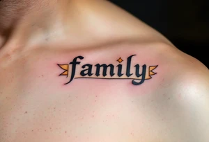 Family Banner Tattoo – The word "family" across a scroll banner, with gold and black shading for an old-fashioned, royal design. tattoo idea