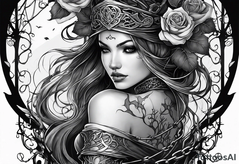 tattoo fool sleeve, dark castle, tree roots break out of the chains, broken mask, girl, roses tattoo idea