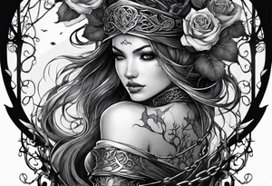 tattoo fool sleeve, dark castle, tree roots break out of the chains, broken mask, girl, roses tattoo idea