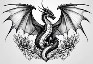 Mother dragon wings spread with 3 baby dragons tattoo idea
