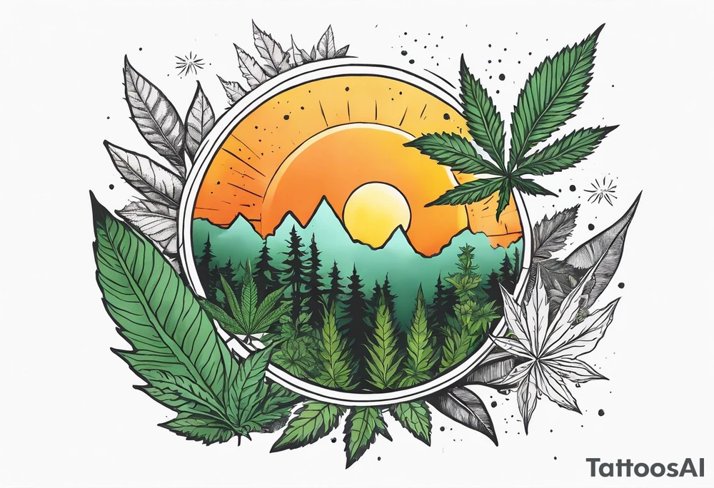 Eclipsed sun with negative space, cannabis plants and other forest botanicals tattoo idea