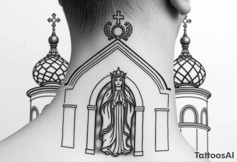 Flowing Scene

A onion domes orthodox church
Virgin Mary in prayer pose on the front doors of the russian orthodox church 
A small double headed russian coat of arms eagle or just the star tucked above the dome near the hairline tattoo idea