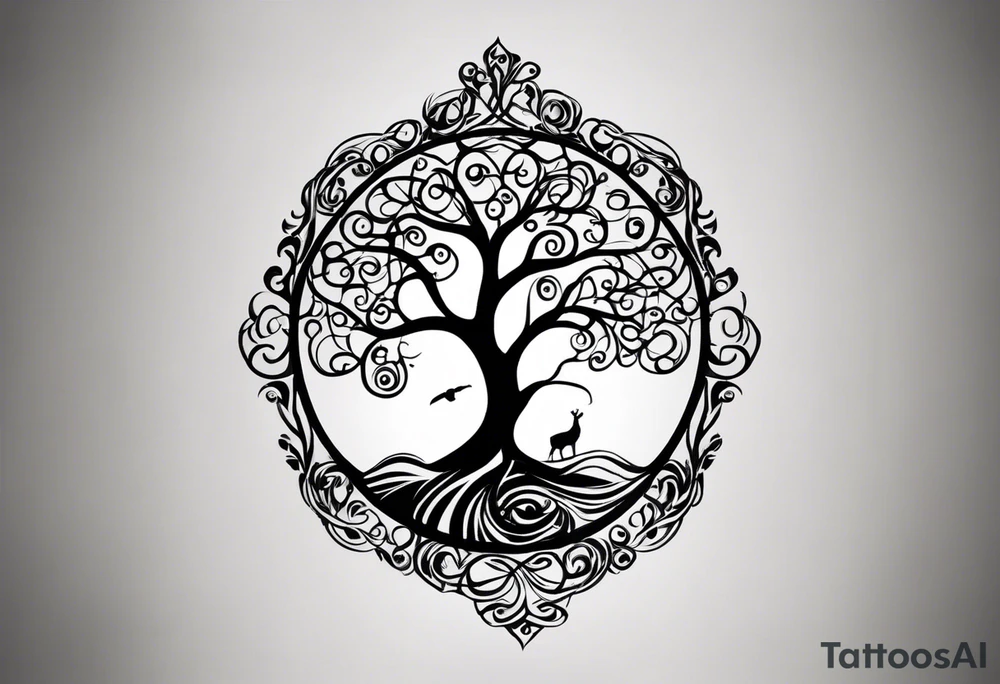 A tattoo design that incorporates the following elements: an abstract tree of life that has roots emerging  from the ground. Waves of water encapsulate the tree and wind around it in an organic way.  Incorporate music.   the letters U and A are overlapping and engraved into the tree. a golf ball incorporated but not prominent. tattoo idea
