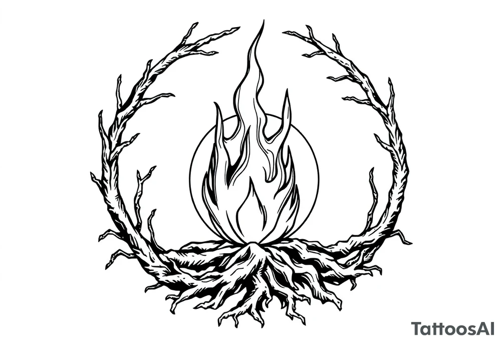 a round flame imprisoned in a roots circle tattoo idea