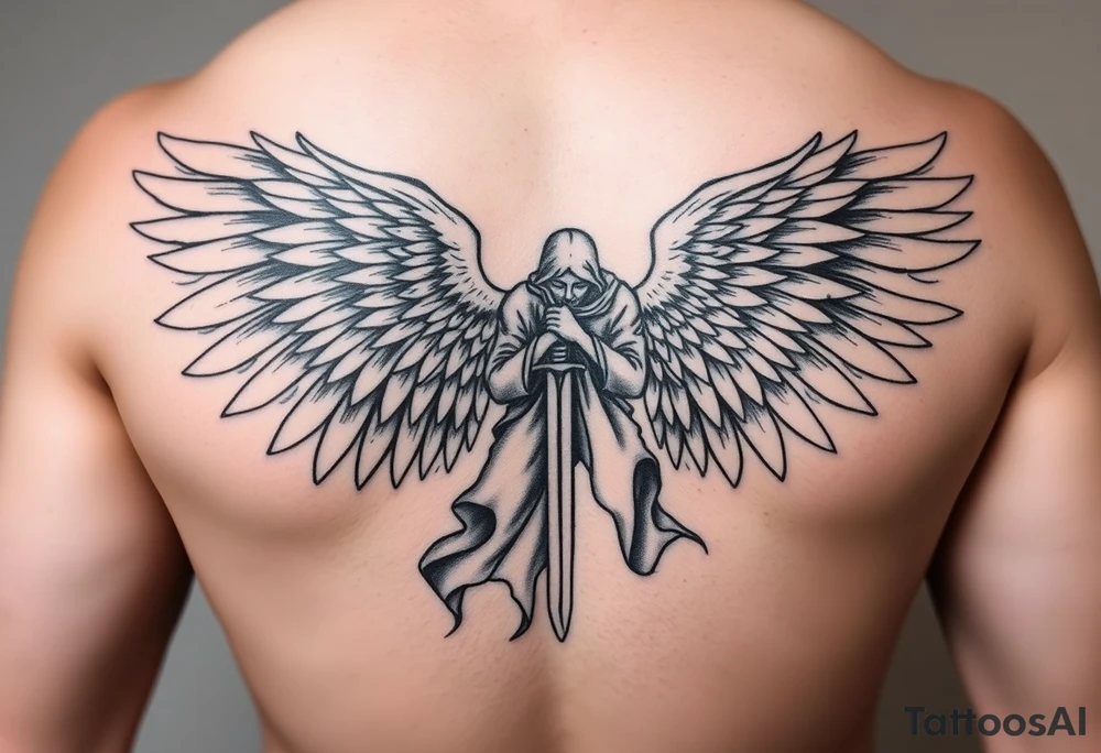 Angel with long sword cloaked kneeling looking down wings spread tattoo idea