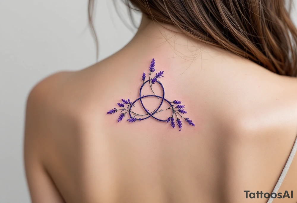 A triquetra made of delicate lavender sprigs, with soft purple hues and a watercolor effect. tattoo idea