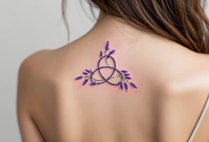 A triquetra made of delicate lavender sprigs, with soft purple hues and a watercolor effect. tattoo idea