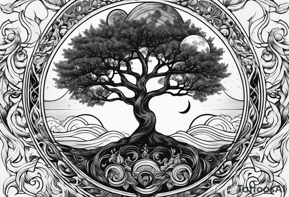 Tree holding the sun and the moon tattoo idea