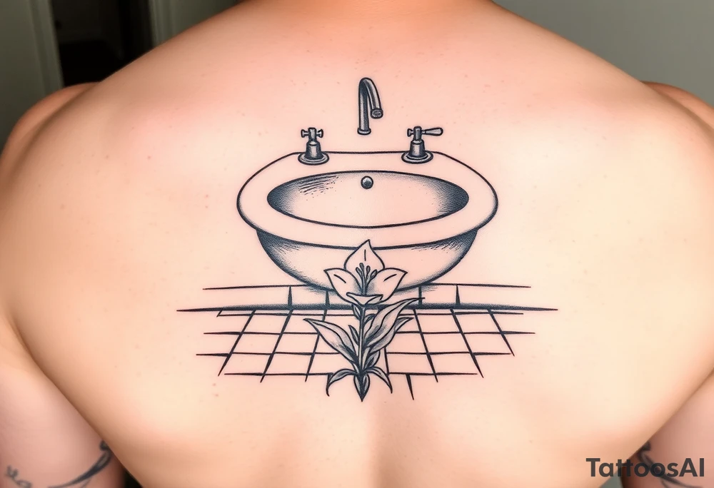 bathroom sink on tile floor with lily coming up out of the floor tattoo idea