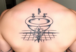 bathroom sink on tile floor with lily coming up out of the floor tattoo idea