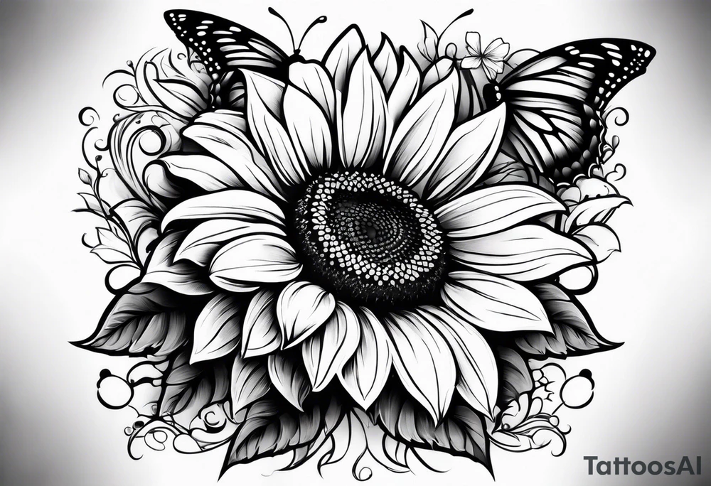 Sunflower and butterfly leg sleeve tattoo idea