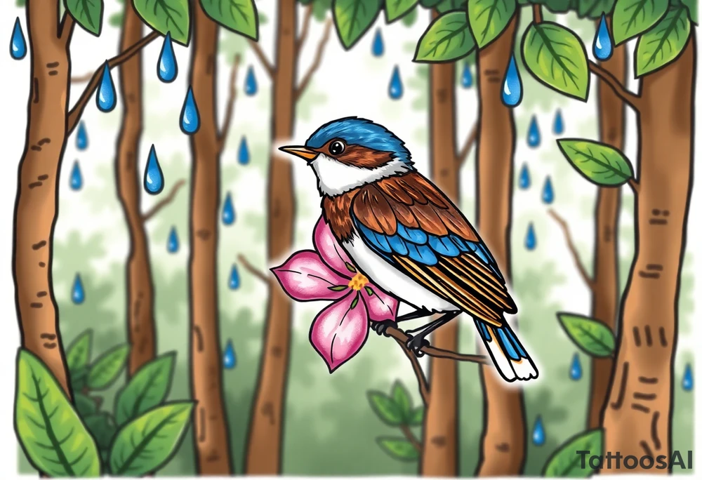 forest background with blue rain drops, pink camelia flower and blue and brown wren bird tattoo idea