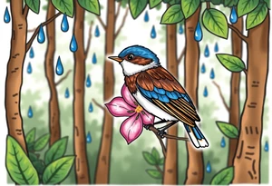 forest background with blue rain drops, pink camelia flower and blue and brown wren bird tattoo idea