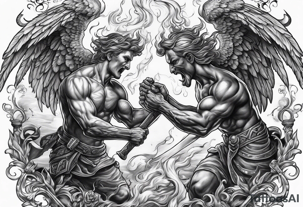 Angels fighting demons over fire with skuls in the background tattoo idea