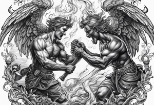 Angels fighting demons over fire with skuls in the background tattoo idea