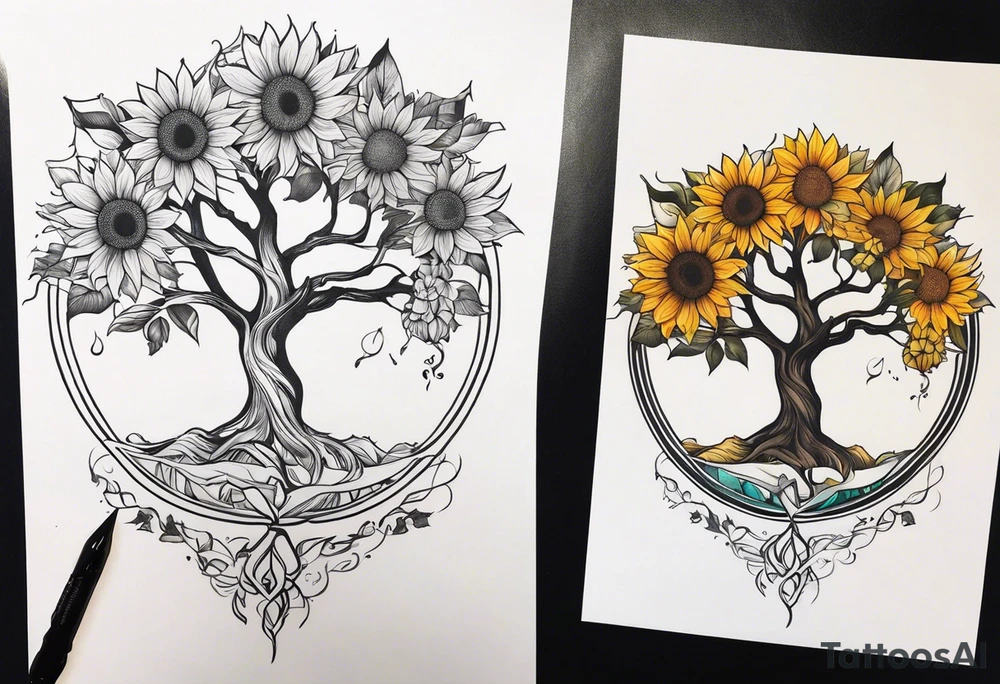 Yggdrasil tree, horse, sunflower tattoo idea