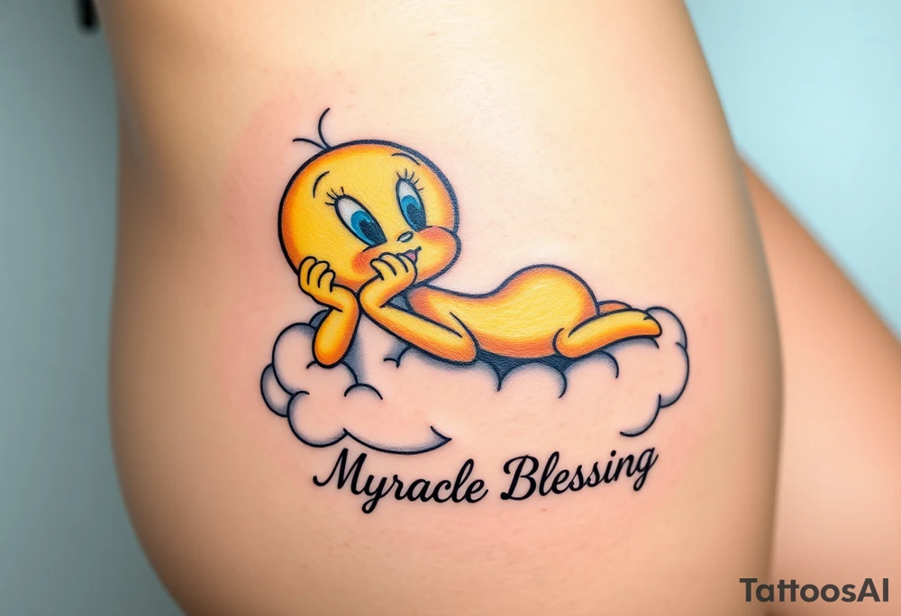 Tweety Bird laying on a cloud with his hands holding up his chin as he's looking up at the sky. Under the cloud in small capital letters is the name Myracle Blessing tattoo idea