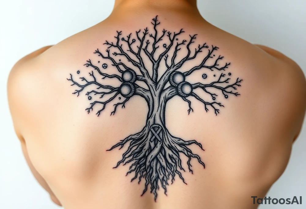 mystical tree of life with cosmic roots and celestial branches with HIV-positive symbol tattoo idea