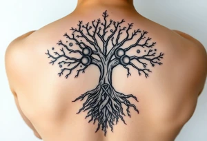 mystical tree of life with cosmic roots and celestial branches with HIV-positive symbol tattoo idea