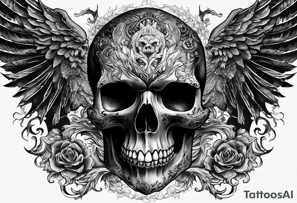 Flying fiery skull with encircling dragon tattoo idea