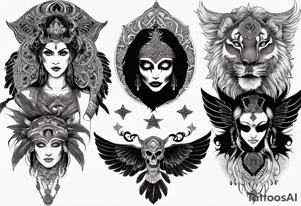 black kali, goddess pirate, alien, angel, pachamama, valkrye, warrior, flying, skull, lotus azul, wing, eagle, zenza resonance, stars, 5D, anahata chakra, death, durga, riding on a tiger, flying lady, kundalini, chest tatoo tattoo idea