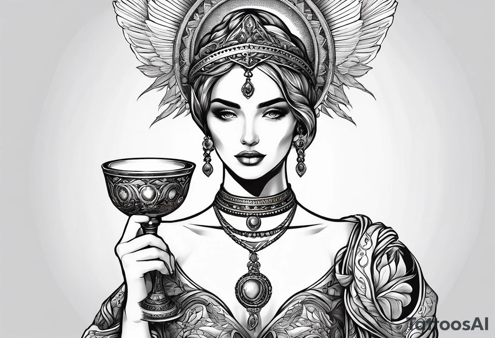 woman holding chalice surrounded by golden halo tattoo idea