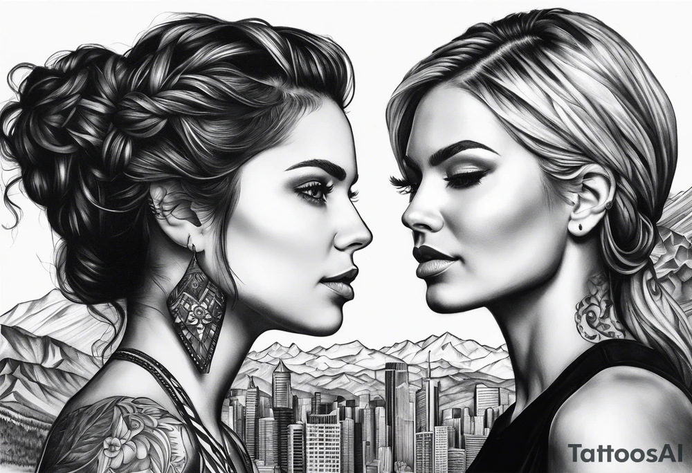 2 womans faces looking into each other eyes the womans face on the right side morphs into a city and the womans face on the left side morphs into mountains tattoo idea