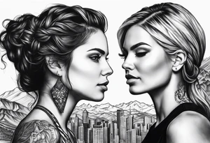 2 womans faces looking into each other eyes the womans face on the right side morphs into a city and the womans face on the left side morphs into mountains tattoo idea